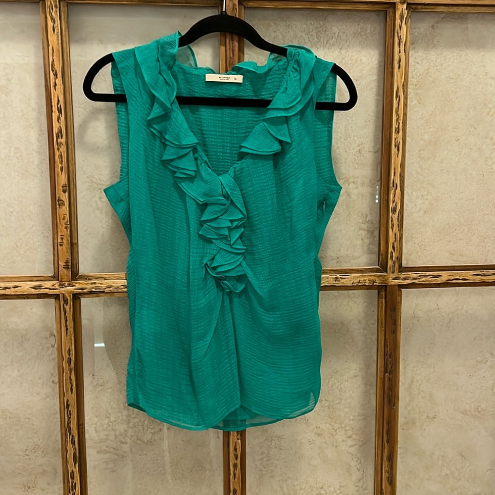 Silk 100% Green Ruffle V neck Blouse